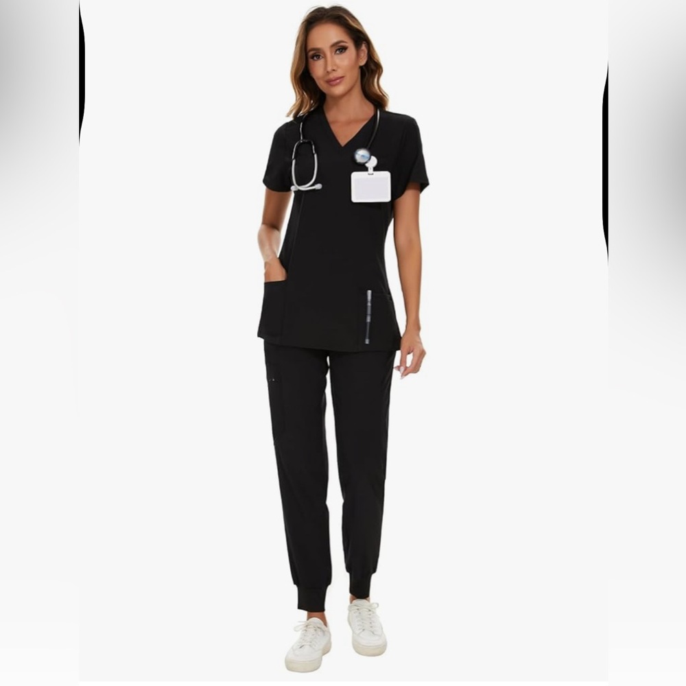 Black V-Neck Women's Scrub Top And Botttoms Bundle